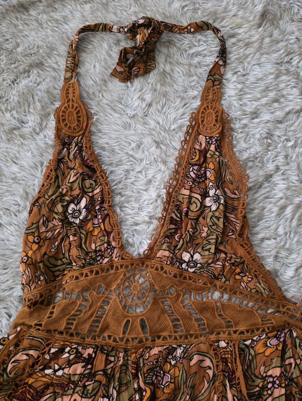 Free People Boho Floral Halter Jumpsuit Brown & Rust Orange Women's Size Large - Picture 5 of 13